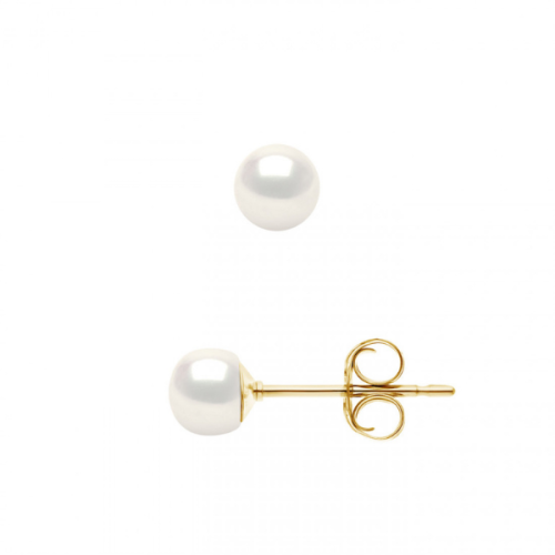 Cercei cu perle naturale tip buton, 5-6 mm, Calitate AAA+, aur galben, antialergici