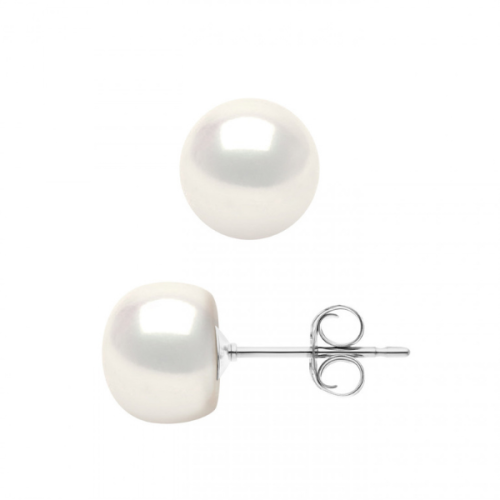 Cercei cu perle naturale albe tip buton, 9-10 mm, calitate AAA+ si aur alb