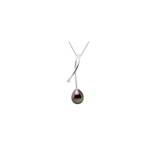 Colier cu Pandantiv Aur si Perle Naturale Tahitiene, Aur Alb 9K, Calitate A+, forma de para, 8-9 mm, Diamant 0, 02 Ct, 42 cm