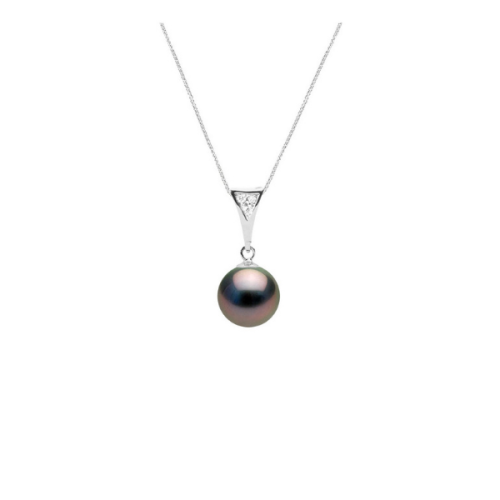 Colier cu Pandantiv Aur si Perle Naturale Tahitiene, Aur Alb 9K, Calitate A+, Rotund, 8-9 mm, Diamant 0, 03Ct, 42 cm