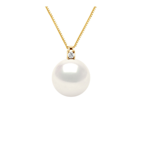Colier cu Pandantiv din Aur si Perle Naturale, Aur Galben 9k, Calitate AAA+, Alb Natural, Rotund, 10-11 mm, 42 cm