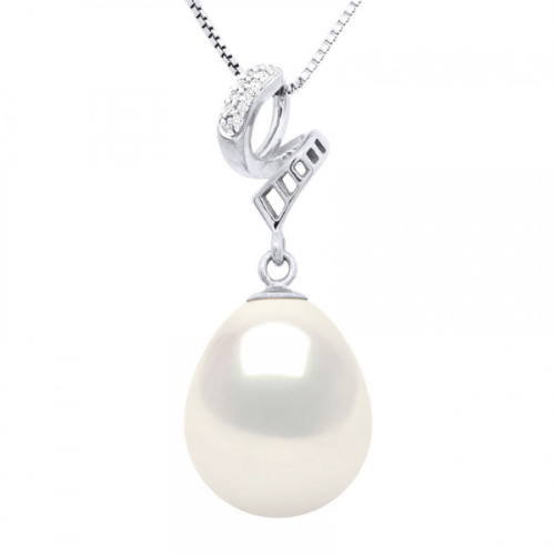 Colier cu Pandantiv Aur si Perla Naturala, Aur Alb 9K, Calitate AAA+ cu Diamant 0, 03Ct, Alb Naturel, Forma de Para, 11-12 mm, 42 cm