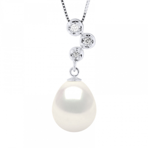 Colier cu Pandantiv Aur si Perla Naturala, Aur Alb 9K, Calitate AAA+ cu Diamant 0, 06Ct, Alb Naturel, Ovale, 10-11 mm, 42 cm