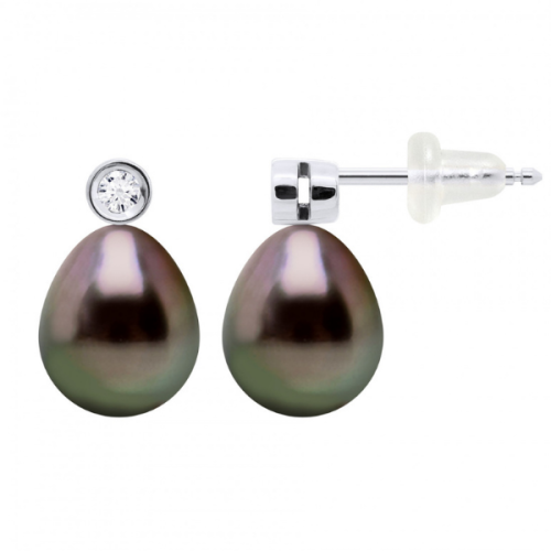 Cercei perle negre tahitiene, in forma de para, 9-10 mm, aug alb si diamante 0, 02 carate, Calitate H-Si1