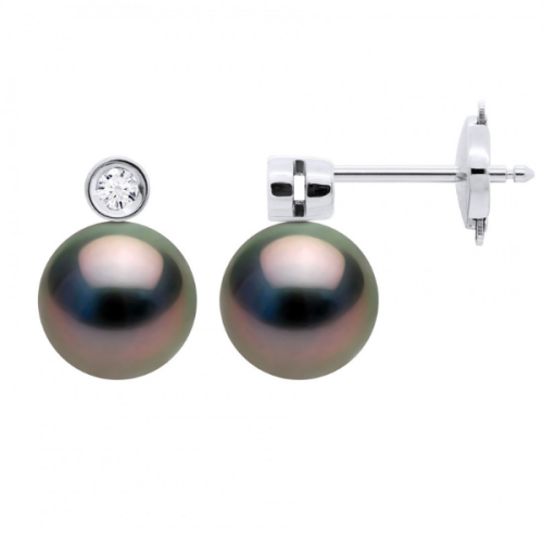 Cercei din aur alb 18K cu perle de cultura tahitiana, Rotunde, 8-9 mm, Calitate A+, si Diamante 0, 04 Ct, Calitate H-Si1