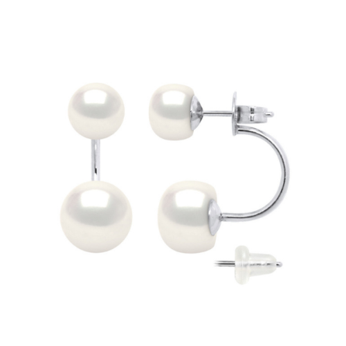 Cercei cu 2 Perle naturale tip buton, Calitate AAA+, perle albe si argint