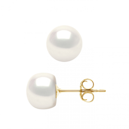 Cercei cu perle naturale albe tip buton, 9-10 mm, calitate AAA+ si aur galben