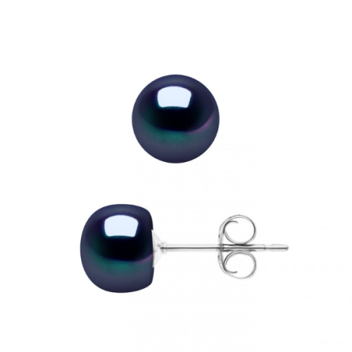 Cercei din argint cu Perle de cultura, negre, tip buton, 8-9 mm, Calitate AAA+, antialergici