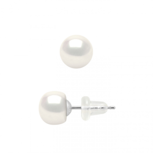 Cercei cu perle naturale tip buton, 7-8 mm, calitate AAA+, aur alb