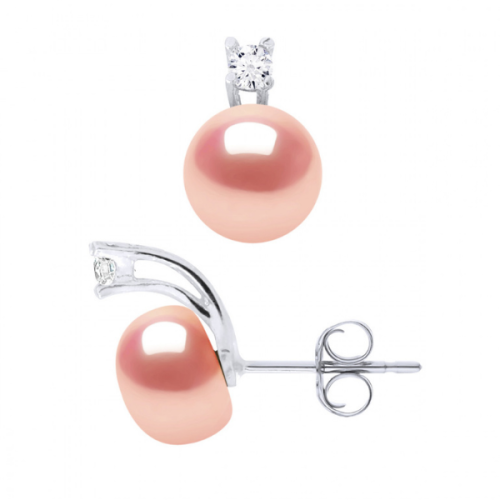 Cercei cu Perle naturale roz 9-10 mm, calitate AAA+, Argint si Zirconiu