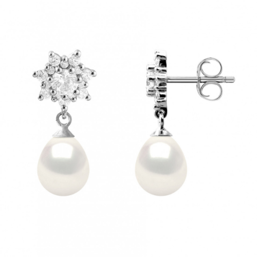 Cercei din argint cu perle naturale in forma de para, 7-8 mm, calitate AAA+ Zirconiu