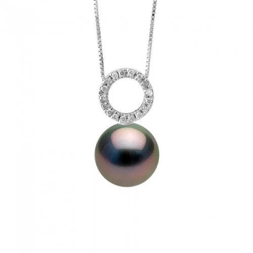 Colier cu Pandantiv Aur si Perle Naturale Tahitiene, Aur Alb 9K, Calitate A+, Rotund, 9-10 mm, Diamant 0, 08Ct, 42 cm