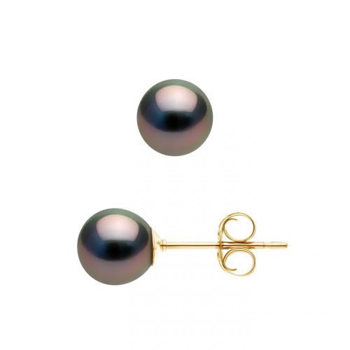 Cercei din aur galben cu Perle negre, naturale, Rotunde si Semi-Rotund, 7-8 mm, Calitate A+