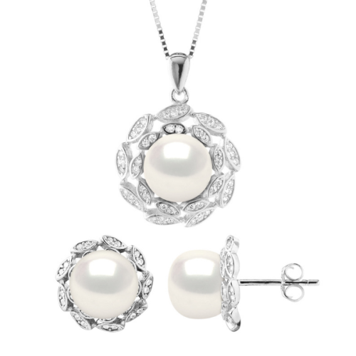 Set Colier si Cercei cu Perle Naturale, Argint, Calitate AAA+, Alb Natural, Buton, 9-10 mm, Cercei 8-9 mm, 42 cm